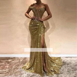 Sexy Gold Chic Z H Mermaid Prom Vestres veja através da namorada lateral lateral sem costas