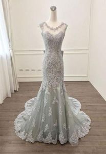 Sliver Mermaid Evening Dresses Formal Gowns 2021 Sheer Bateau Neck Lace Applique Long Cheap Prom Dress Red Carpets Real Pos6202823