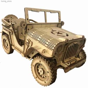 3Dパズル3D木製オフロードカーコンストラクタービルビルディングブロック軍事コレクションおもちゃのおもちゃdiyアセンブリジープモデルY240415
