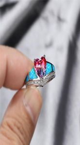 Eheringe süßes Herz Regenbogen Stein Ring Blau Feuer Opal Engagement Vintage Silber Farbe mehrfarbiger Zirkon für Frauen2720316