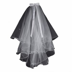 white Bridal Lace Veil with Comb Ribb 2 Tier Pearls Bride Cathedral Veil Wedding Veil Tulle Hair Accory for Women Girls q4up#