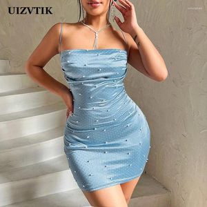 Casual Dresses Women's Beading Spaghetti Strap Mini Dress Elegant Bodycon Sexig Axelless Evening Club Party Short Summer Fashion 2024