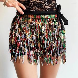 Bühnenbekleidung Boho Belly Dance Hip Rock Quastel Fringe Schal Pailletten Wickel Rave Kostüm Accessoire Bunte Shine Multilayer für Frauen Mädchen