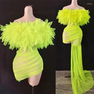 Scenkläder sexig nattklubb bardansdräkt fluorescerande grön transparent släpklänning med mesh handskar festshow