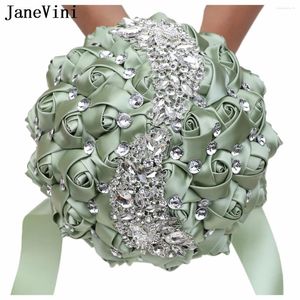 Bröllopsblommor Janevini Green Bridal Flower Bouquet Satin Roses Crystal Pärled Brud Holding Bouquets Ribbon Accessories