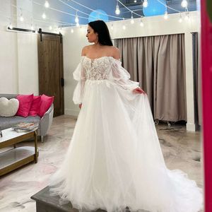 Sexy Stupy Sleeve A Line Wedding Dresses for Women Off the Hall Loce Appliques per tallone da sposa Abito da sposa Boho Mariee 326 Pliques Pliques