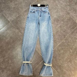 Women's Jeans 2024 Spring/summer Leg Closing Chain Pearl Decoration Cool Street Design Sense Of