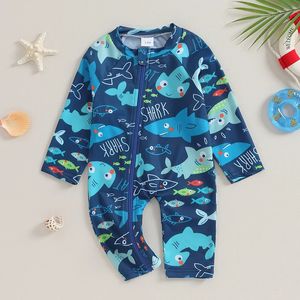 Baby Boy SharkSpider Print Swimsuit Infant Toddler Boys Swimwear Rash Guard Zipper 1 Piece Long Sleeve Beach Bathing Suits 240416