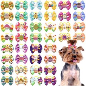 Dog Apparel 50/100pcs Acessórios para o cabelo do dia da Páscoa Browknot Yorkshire Girl Bows com faixas de borracha Pets Supplies