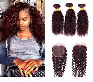 99J Burgundy Brazilian Kinky Curly Virgin Hair مع 4x4 إغلاق البرازيلي البرازيلي مجعد الشعر نسج 3 مع ثلاثة L9340731