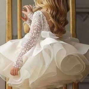 Blumenmädchen arabische Kleider weißer Perlen Veet Ballkleid Goldene Applika Organza Kinder formelle Kleidung mit Band Rücken Weihnachten Tutu Kleid