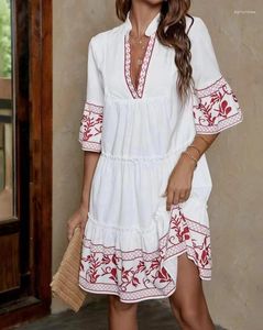 Casual Dresses Womens 2024 Spring Vintage Plants Embrodery Plunge Half Sleeve Daily Vacation Mini Smock Dress