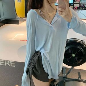 Женские рубашки T Tank Tound Top Korean Fashion v Оборочная кнопка солнечная защита платья с длинным рукавом