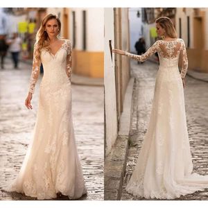 Storlek sjöjungfru plus bröllopsklänningar Deep V Neck Lace Applique Long Illusion Hyls Golvlängd Backless Brudklänningar Vestidos de Novia Robes Estidos