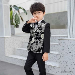 정장 어린이 공식적인 드레스 아이 꽃 재킷 바지 보우 티 3pcs 피아노 의상 소년 브론 징 쇼 호스트 잘 생긴 사진 정장