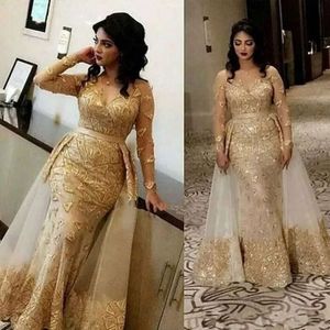 Arabic Sheer Long Sleeves Lace Mermaid Evening Dresses V Neck Tulle Applique Over Skirt Formal Party Gowns