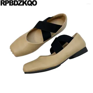 Sapatos casuais quadrados dedo dedo roll up bailarina retro solteira marrom marrom confortável feminino apartamento cruzado elástico de balé mais recente dobrável