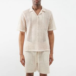 Fashion Fish Mesh Beach Two Piece Set Casual Lapel Button Shirt Tops Drawstring Shorts Suit Summer Men Short Sleeve Outfits 240408