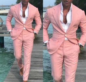 Summer Linen Pink Beach Wedding Wedding Tuxedos Peaked Lapel One Button Costume Groom Wear Formal Man Blazer Suits Kurtka Pants Holida6713738