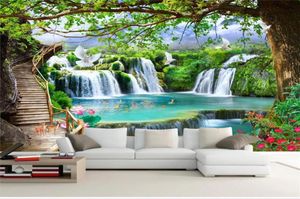 Custom 3d PO Wallpaper Mural Sala de estar verde árvore florestal cachoeira 3d Sofá TV Background Wall Papel de parede não tecido Wal6700619