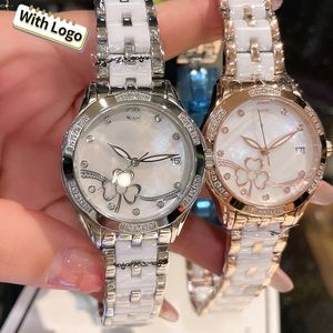 Designer Women Watching Watches Wysokiej jakości oryginalna wersja, Surface Clover Flower Wzór zegarków ceramiczny Pasek Znakomite luksusowe kobiety Diamentowe zegarki