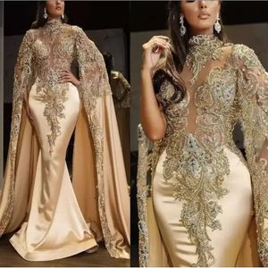 Luxurious Champagne Satin Mermaid Evening Dresses Lace Beaded Crystals Prom Dress With Sheer High Neck Long Sleeves Party Second Reception Gowns 2023