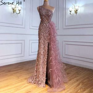 Pink Luxury One Shouder Split Evening Dresse Elegant Mermaid Beading Gowns Feathers for Women Party