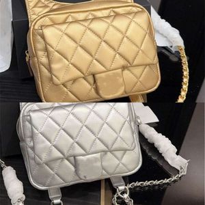 Designer backpack New Metal Champagne Gold Space Silver Backpack Mini F-shaped Backpack Diamond Checkered Tofu Bag Fashion casual Book Bag