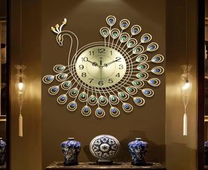 Stora 3D Gold Diamond Peacock Wall Clock Metal Watch för Home Living Room Decoration Diy Clocks Crafts Ornament Gift 53x53CM Y2004766200