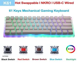 K61 61 Клавиши Механическая игровая клавиатура Gateron Switch Swappable USBC Wired RGB Подсветка полупрозрачная стеклянная базовая база ABS -клавиша 2106109847731