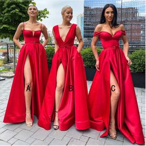 Slit Sexy High Red Sukienki druhny kwadratowe kołnierz spaghetti pasek kieszonkowy linia damska długa sukienka na przyjęcie weselne vestidos