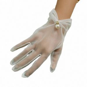 vit brud dr handskar mesh bow pärla korta spetsar handskar bröllop accores party prom cosplay prestanda kvinnor brudhandskar m1el#
