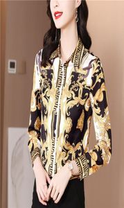 Luxo vintage barroco impressão blusas mulheres manga comprida botão de lapela camisa de escritório senhoras de seda camisas de seda 2022 Spring outono woman6563906