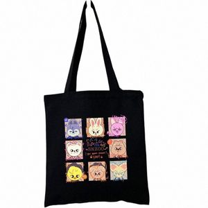 Stray Kids Skzoo Kpop Black Fabric Shoulder Shopper Påsar för kvinnor Eco Foldbara återanvändbara butikspåsar Ny stil R4TF#