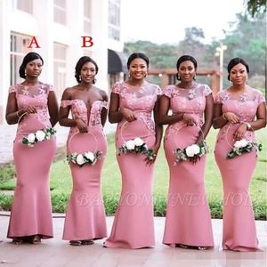 Sheath Pink Rose Bridesmaid Dresses Floor Length Sheer Neck Lace Applique Off The Shoulder Short Cap Sleeves Maid Of Honor Gown