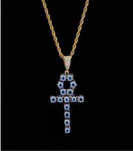 Blue Color Egyptian Ankh Key of Life Necklace 18K Gold Plated Copper Pendant Cubic Zirconia Hip Hop Jewelry1544897