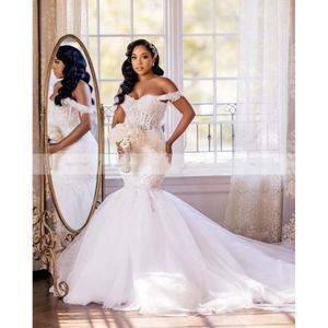 Elegant Mermaid African Wedding Dresses For Bride 2024 Off Shoulder Lace Up Closure Sweep Train Beaded Bridal Gowns Best Selling 0305