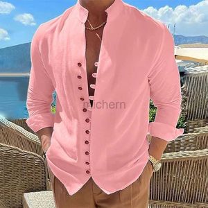 Mäns casual skjortor 2023 Spring and Autumn Fashion New Mens Solid Color Cotton Hemp Stand Collar Shirt Simple Classic Slim Multi-Button Top 240416