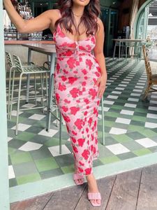 Casual Dresses Vintage Floral 2 Piece Outfits For Women V Neck Crop Top High Slit Ruffle kjol Set Long Flowy