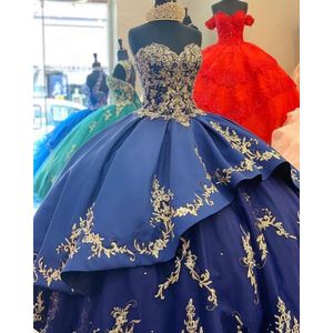 Royal Blue Fashionable Gold Applique Ball Gown Quinceanera Dresses Sweetheart Sweet Tiersed Sweep Train Prom Dress Celebrity Clows Vestidos Robes S