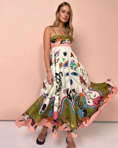 Vestido estampado de lady graffiti estampado 2024 Summer mulheres espaguete com cinta de linho sem costas Big Swing Long Beach Vocation Dresses