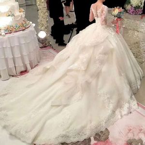 White A Princess Line Wedding Bridal Gowns Puffy Tiered Bride Dress Long Sleeves Tulle Ball Gown Wed Dresses Appliques Court Train Vestidos De Noiva Es Ppliques