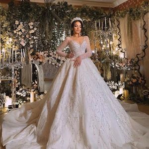 Glitter Sequined Beading Wedding Dress 2024 V-Neck Long Sleeve Muslim Bridal Gowns Arabic Vestido De Novias Casamento Customed