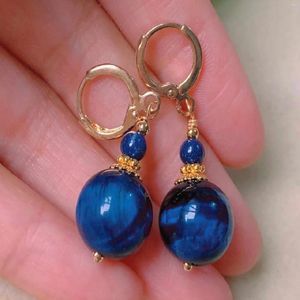 Dingle örhängen naturlig blå tigers öga lapis lazuli pärlor guld handgjorda silver modern konst bohemiska formella barn diamant stud