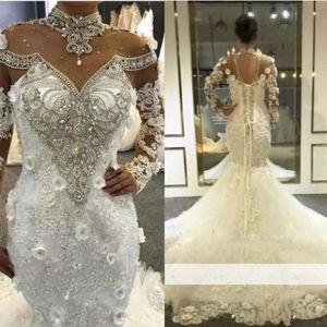 Dubai Meerjungfrau Arabische Brautkleider Brautkleider hoher Ausschnitt Mor Perlenkristalle Illusion Langarm mit Blumen hohl Rücken