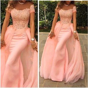 Off Elegant Arabic The Shoulder Satin Mermaid Dresses With Over Skirts Lace Applique Formal Party Evening Gowns Wear