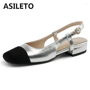 Sandaler Asileto Women Flats Round Toe Square Heel Buckle Elegant Mixed Color Faux Leather Big Size 31 32 33 40 41 42 43 Gold Silver