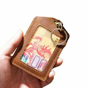 100% Genuine Leather Busin Credit ID Card Holder with Key Ring Keychain Staff Work Card Holder Employee's Card Case r2GO#