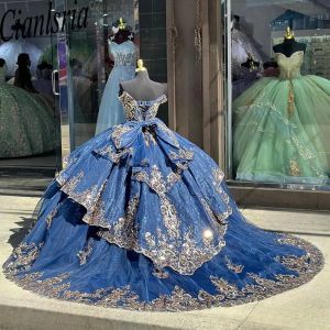 New Dark Blue Ruffles Off The Shoulder Ball Gown Quinceanera Dresses With Gold Appliques Lace Corset Vestidos De 15 Anos