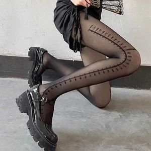 Sexy Socks Female Pantyhose with Letter Print Scale Number Ruler Black Silk Tights Stockings Sexy Lingerie Thin High Tube Socks Women Girls 240416